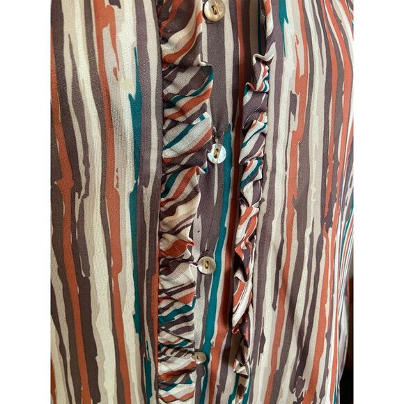 Vtg Retro‎ Teddie of Cali Frill V-Neck Button Blouse Abstract Stripe Lrg 16 - Picture 6 of 13